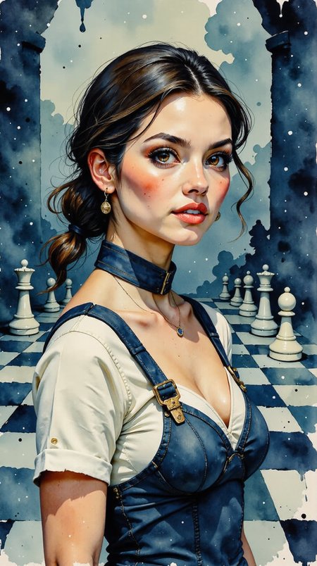 Jedwtclr, watercolor art, A close-up of a woman in an outfit inspired by the simplicity and elegance of a pawn. Her features are soft and youthful, yet her eyes are fierce with determination. The scene around her is dramatic, with a chessboard stretching into the distance behind her, pieces blurred in motion. The lighting focuses solely on her face, casting a sharp contrast between light and shadow, highlighting the quiet confidence in her expression as she stands at the center of this vast chessboard, the game at her feet. ,  <lora:FluxWatercolor:1>
