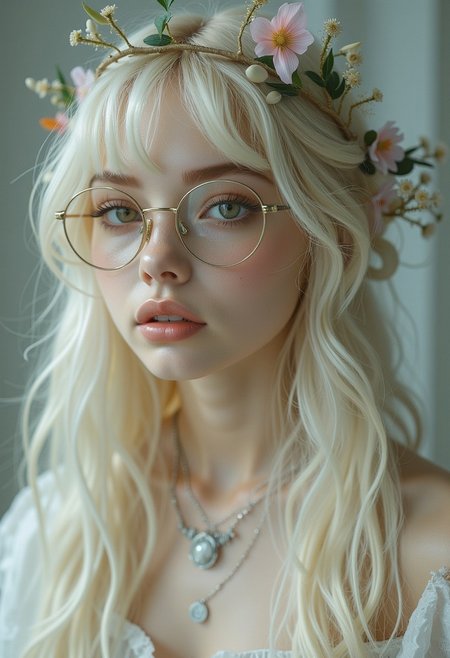 The image is a high-resolution photograph featuring a young woman with a striking, ethereal aesthetic. She is a light-skinned woman with long, platinum blonde hair cascading down her back, styled with a delicate, ornate headpiece that includes small, delicate flowers and leaves. Her hair is styled with a fringe that frames her face. She wears large, round, wire-framed glasses that give her a scholarly, intellectual appearance.