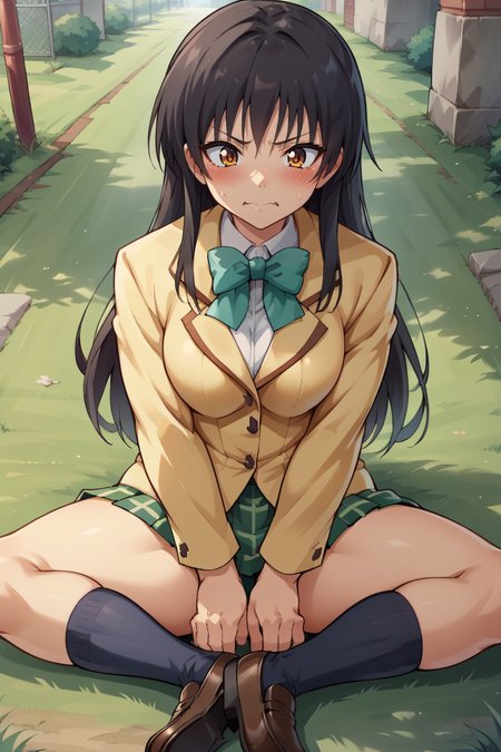 score_9, score_8_up, source_anime, BREAK 1girl <lora:kotegawayui-pdxl-nvwls-v1:1> kotegawayui, long hair, yellow blazer, long sleeves, green bowtie, plaid miniskirt, green miniskirt, sitting, on ground, socks, loafers, spread legs, blush, wavy mouth