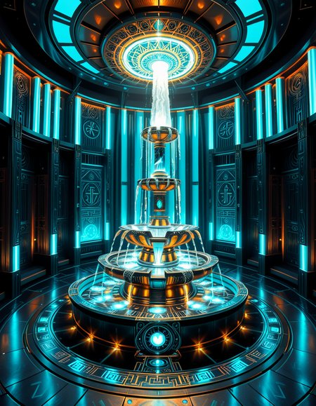 The center of a high-tech, alien temple-laboratory, where dark metallic walls shimmer under the glow of cyan vertical light tubes and faint sacred runes. In the middle of the chamber lies an elaborate biomechanical fountain, rising like an altar from a circular platform of engraved metal. The fountain pulses with iridescent liquid light, flowing in gravity-defying streams that spiral upward before cascading back into a glowing basin etched with ritual patterns. Bioluminescent veins run through the structure, illuminating the surrounding floor like circuitry. Overhead, a radiant, halo-like design casts a celestial glow, enhancing the surreal, sanctified atmosphere. The space exudes a fusion of sacred ceremony and alien technology, as if the fountain were a source of divine power worshipped by another world.
<lora:high-tech_alien_temple_f0unt41n:1>,high-tech alien temple f0unt41n,<lora:SDXLFaeTastic2400:0.4> <lora:extremely_detailed:0.4> extremely detailed, Masterpiece,best quality,hi res,8k,hi res,8k,award winning,(sharp focus, intricate, highly detailed),
