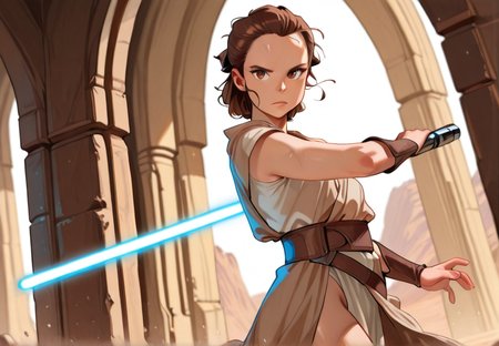 masterpiece, best quality, amazing quality, very aesthetic, absurdres,  newest, detailed background, cowboy shot,  outdoors, dynamic angle, 
reysw, lightsaber, 1girl, energy sword, solo, brown hair, weapon, sword, robes, brown eyes, holding, looking at viewer,
 <lora:Rey_-_Star_Wars_Illustrious:1>