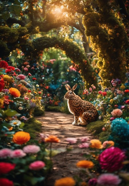 cinematic photo Arcane,  Al Held, Alice in Wonderland,  wandering in Enchanted Garden, beautiful,  whimsical wonderland with oversized flowers, talking animals, hidden pathways, swirling lights:1.2, light particles:0.9,life-like, Incorporates vibrant colors, unusual plant arrangements, and fantastical creatures, texture, masterpiece, great art, high quality, best quality, highly detailed, 8k, wide shot, panorama, (Bottom view:1.1), Kodachrome,1970s,(8k, RAW photo, highest quality), eye focus, close up,sharp focus,(detailed eyes:0.8),  <lora:sdxl_photorealistic_slider_v1:1>, (masterpiece,best quality:1.5) . 35mm photograph, film, bokeh, professional, 4k, highly detailed