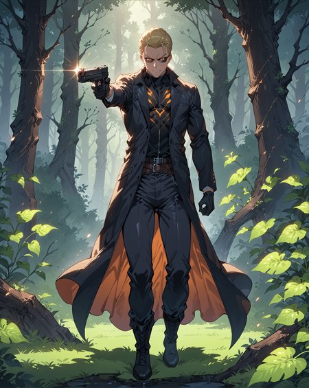 score_9, score_8_up, score_7_up, score_6_up, source_anime, rating_explicit, ah1, best quality, (masterpiece:1.4), (high quality:1.4), sharp focus, 4k, absurd resolution, <lora:albertwesker-guy-PONYv1:0.8> albertwesker, albert wesker, 1boy, solo, blonde, black gloves, sunglasses, belt, pants, black coat, black pants, looking at viewer, toned, athletic, fit, slicked back hair, black turtleneck, zipper, mature male, (graphene textured clothes), black boots, (an eerie forest, with overgrown vegetation, dark shadows, ghostly whispers, and chilling atmosphere), bad-hands-5, ((intense gaze, deliberate smile, sensual glow, looking left expression)), <lora:xl_more_art-full_v1:0.4>, <lora:shinyskin2:0.3> glistening skin, <lora:aesthetic_anime_v1s:0.4>, <lora:Expressive_H:0.4> Expressiveh, <lora:hairdetailpxl:0.4> hairdetailpxl, <lora:EpicF4nta5yXL:0.4>, <lora:detailxl:0.4> detailxl, <lora:Fant5yP0ny:0.4>, (focused, intense glare), slit pupils, short hair, (reddish orange eyes), <lora:YusufDikecGunPose_pdxl_Incrs_v1:0.8> holding weapon, holding gun, handgun, hand in pocket, aiming, full body, illustration, Volumetric_Lighting, ultra-detailed, very aesthetic, intricate details, absurdres, 8k, masterpiece, best_quality,