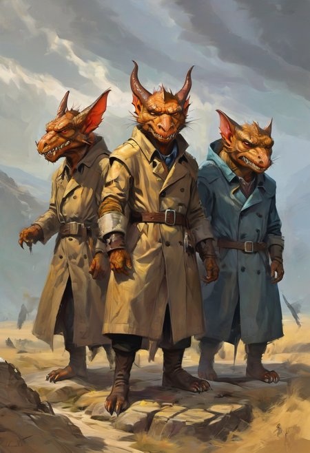 3 kobolds in a trench coat, fantasy art, art, oil painting, digital painting