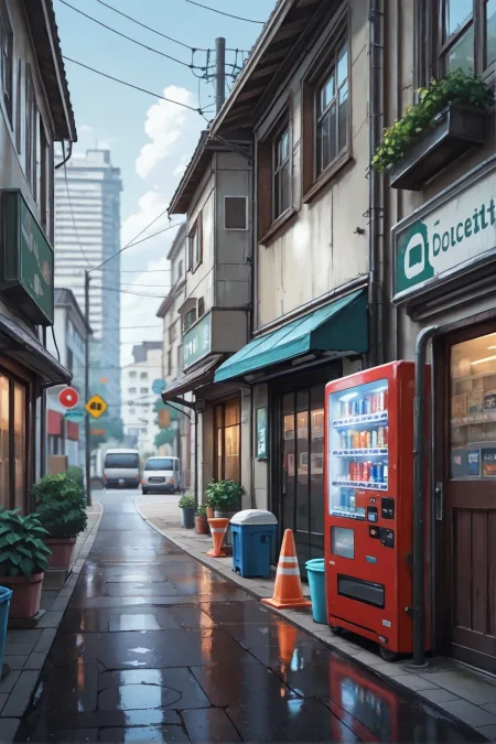 masterpiece, best quality, amazing quality, very aesthetic, absurdres, newest,  unity 8k, blurry background, Depth of Field
scenery, no humans, building, power lines, stairs, outdoors, utility pole, road, street, traffic cone, city, sign, sky, window, day, lamppost, air conditioner, cityscape, vending machine, road sign, poster (object), trash can, van, plant, door, sidewalk, scooter, home, apartment, billboard, cloud, town, shop, pavement, english text, potted plant, bush
 <lora:add-detail-xl:1> <lora:Anime_Background-_Style_for_Pony:0.6>
