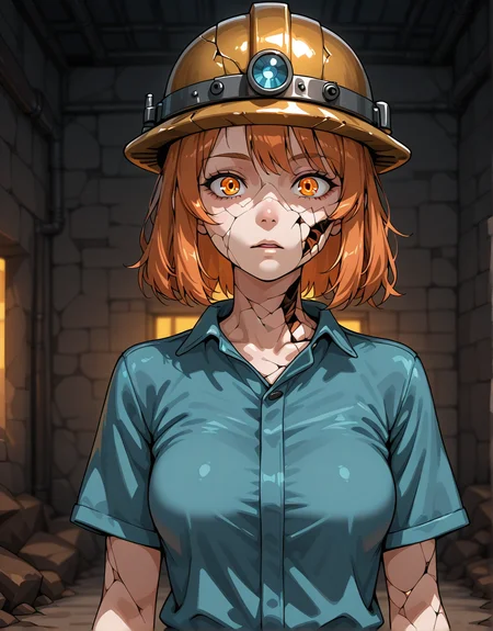 girl, in miner's uniform, medium breasts, miner's helmet, looking at viewer.realism,8k,detailed face,cracked skin  <lora:ya_cracked_skin :0.8>
