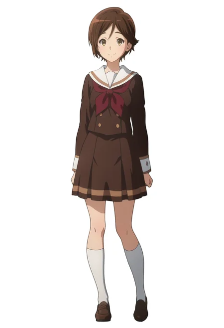 best quality, masterpiece, anime screencap, simple background, solid white background, 1girl, solo, looking at viewer, full body,  body,
<lora:Michiyo:1> mmorimoto, brown hair, brown eyes, short hair,  detailed face,  smile,kitauji high school uniform, brown school uniform,  kneehighs, loafers,