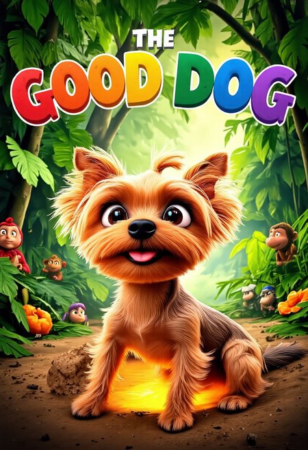 The image shows a vibrant, animated movie poster inspired by the whimsical style of a Pixar film, with a charming Yorkshire Terrier named Allab taking center stage. Allab, with her soft, golden fur and twinkling, expressive eyes, is depicted in a playful stance, ready to strike a pose. Instead of barking, she's wearing a mischievous grin, with her tiny, pink tongue peeking out. Behind her, a lush, verdant jungle unfurls, teeming with life - colorful birds, curious monkeys, and even a friendly, winking frog peeking from behind a giant leaf. The title, "The Good Dog," is written in bold, playful letters, reminiscent of Pixar's iconic typography, arching over Allab like a rainbow, with each letter subtly animated, as if wagging with life. Below, a warm, inviting glow emanates from a cozy, earthen burrow, hinting at the heartwarming adventures and lessons Allab, our unlikely hero, is about to embark on.