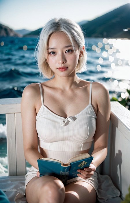 cinematic photo break. white hair,
A wonderful life, a relaxed atmosphere,Aegean Sea,sunny,a woman in love,reading books,pajama,
<lora:Better_Pose:1>  <lora:fluxenhancer:1> <lora:sparklycism:1>, <lora:Tangbohu_real_style_FLUX_type_A:1>, 35mm photograph, film, (bokeh:1.3), professional, 4k, highly detailed