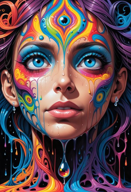 realistic masterpiece, beautiful drip painting of a  eerie full body portrait, distorted features,abstract, trippy, fractal-like patterns BREAK psychedelic (trails of color:0.6) emanating from wide dilated eyes BREAK the skin dissolve in (drops of multicolored ink:1.3), disorientation, altered perception BREAK (style of Sam Guay:style of Hannah Yata:0.3), with background dark gradient, warm void, cinematic 4k highly detailed, Backlight, colorful, high contrast, lsd trip geometric shapes