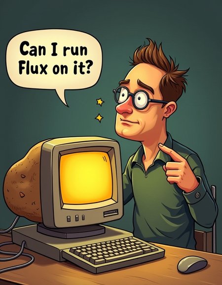 potato pc, computer made of potato, man in glasses pointing to it and asking "Can I run Flux on it?" in speech bubble