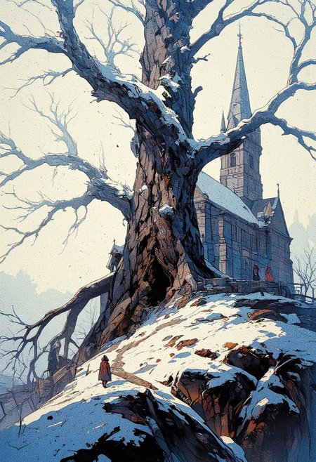 A hauntingly beautiful winter landscape featuring a towering, ancient tree with frost-covered branches standing on a small hill. The tree’s dark, twisted trunk contrasts with the delicate ice crystals that cling to its branches, forming an intricate pattern against the pale, overcast sky. Beneath the tree, a narrow stone path winds up the hill, leading to a historic stone church with a tall, pointed steeple. The surrounding ground is lightly dusted with snow, revealing patches of frozen earth and fallen leaves. A low stone wall encircles the area, with two distant figures dressed in heavy cloaks walking along it, adding an element of mystery. The muted color palette consists of cool blues, grays, and soft whites, evoking a tranquil yet melancholic atmosphere. The art style is semi-realistic with a stylized, painterly touch, capturing the crisp textures of frost, stone, and aged wood in a way that feels both ethereal and timeless,  anime, cyberpunk