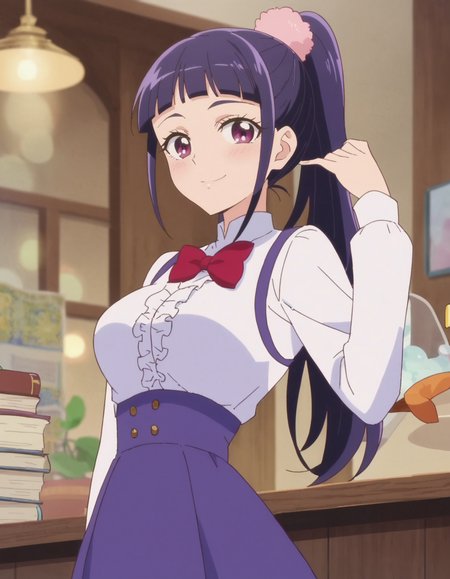 score_9, score_8_up, score_7_up, anime screencap, solo,1girl,izayoirikomd,skirt, smile, shirt, looking at viewer, purple skirt, bowtie, white shirt, black pantyhose,red bowtie, long sleeves, center frills,cowboy shot,large breasts,blush<lora:izayoirikomd:0.8>
