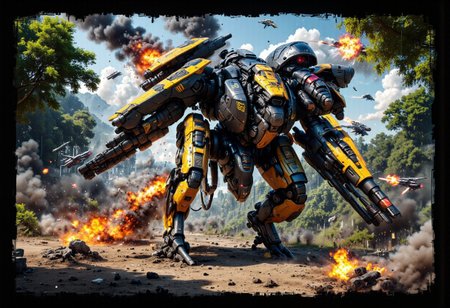 score_9, score_8_up, score_7_up, score_6_up, 
Cinematic fantasy style, sharp, (high quality, 4k, 8k, high definition, masterpiece: 1.2), illustrated movie poster, hand drawn, full color, beautiful ultra detailed book cover illustration of a ((Jungle)) mech damaged in battle - Exploding mech burns in the jungle, mech engulfed in flames, background - jungle, battle, starships flying in the sky, future, sci-fi, jungle fight scene, 4k, hyper detail, fantasy style, hyper realistic, spectacular style, cinematic style, no background fantasy style, hyper detail, professional art, bartosz tchorzewski fantasy style, high detail, hyper detail, 4k, realistic style, face painting style fantasy style, 4k, painterly style, hyper detail, dark room, hdr, intricate, elegant, highly detailed, sharp focus, ((((cinematic look))), soothing tones, crazy details, intricate details, hyper detailed, low contrast, soft cinematic light, dull colors, exposure blending, hdr, blurred, 
intricate details, rating_questionable, fantasy setting,
, high resolution,
highres,