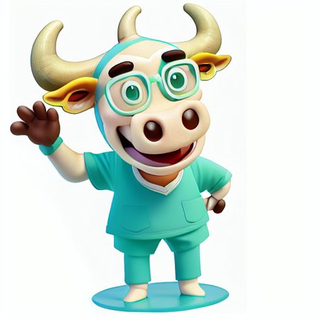 high quality,8K,blender,3d model, PIXAR, happy light brown cow mascot wearing glasses, aqua green outfit