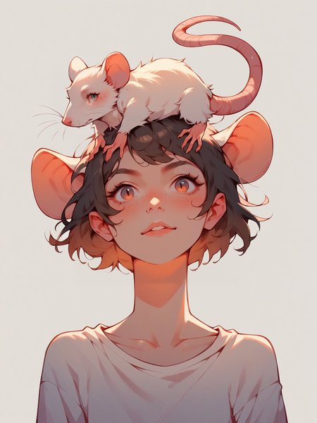 score_9, score_8_up, score_7_up, score_6_up,  <lora:p3tl0v3XLP:1> p3tl0v3, 1girl, rat on head