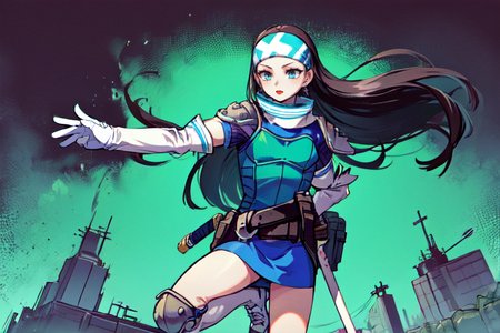 highly insanely detailed, masterpiece, top quality, best quality, highres, 4k, 8k, RAW photo, (very aesthetic, beautiful and aesthetic),  
beth_\(megami_tensei\),bethsmtii,shin megami tensei ii,long hair,black hair,straight hair,sleek black,jewelry,cross,headband,red_lipstick,belt,belt pouch,white footwear,white gloves,holy_knight,holy_knight_armor,breastplate,katana,sword,Tokyo_Millennium,post-apocalyptic_city,dystopian_world,Great_Cataclysm,World_ending_event,apocalyptic_disaster,city_rebirt, 
<lora:zs_Beth:1>, 
(1girl:1.3), 1other, 
neon red background,neon green background,neon cyan background,(color fusion background),âââ