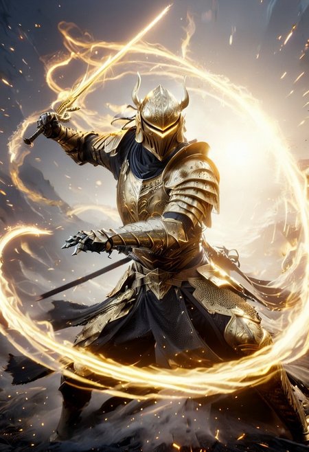 1man, armored samurai in golden samurai armor, wearing samurai helmet and armor,  golden fire, wielding dual swords:1.2, brave perspective, reflection, glowing golden fire, golden lightning shatter, , Curved Sword Slashglowing sword, motion blur, emphasis line, outdoor in the darkness, looking at viewer, katanas