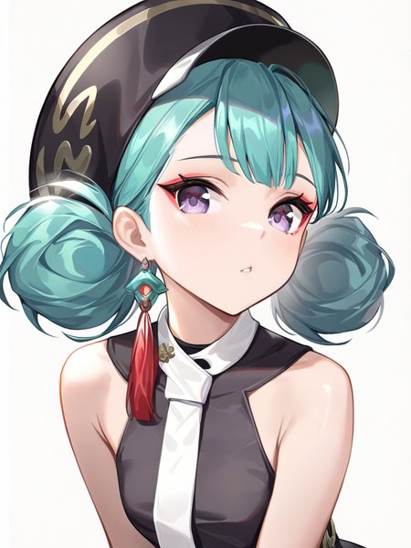 ,1girl,black pantyhose,black shirt,double bun,hair bun,looking at viewer,lvxue,necktie,sleeveless shirt,solo,white background,simple background,purple eyes,<lora:lvxue-000014:1>, masterpiece, best quality, very aesthetic, absurdres