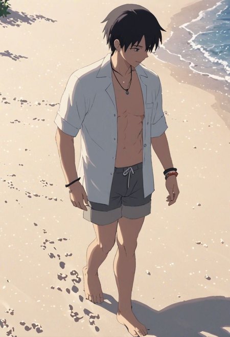Highres, Masterpiece, High Quality, 4K, 8K, solo, 1Boy, Takaki Toono, adult, black hair, short hair, beach, calm, white sand, small coral, pebbles, clear sky, quiet, peaceful, walking, candid, breeze, footprints, happy, open shirt, shorts, sixpack, necklace, bracelet, easynegative, detailed_eye_model