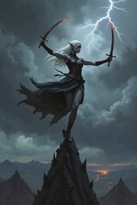 fantasy painting.Atop a spire of black obsidian that juts into a sky choked with storm clouds, a dark elf swordswoman clad in sleek, shadowy armor moves through an elegant, deadly dance. Her skin, ashen gray and smooth, gleams faintly in the sporadic flashes of lightning, while her long, white hair flows like silk in the howling wind. In her hands, twin curved blades forged from black steel glint ominously, their edges imbued with a faint, pulsating red glow. The spireâs surface is treacherous, slick with rain and studded with jagged shards of obsidian, yet her movements are graceful and fluid, as though sheâs become one with the storm itself. Below, the jagged peaks of a volcanic wasteland stretch endlessly, the air filled with the distant roars of unseen creatures and the faint tremors of the earth. The lightning reflects off her crimson eyes, which burn with an intense focus as she slashes at invisible enemies, perfecting every strike and parry with methodical precision. Her breath is steady despite the chaos around her, and the faint smirk on her lips reveals the cruel satisfaction she takes in her lethal skill. Behind her, faint wisps of black magic trail her movements, as if the spire itself is alive, feeding off her darkness. The storm intensifies, but she remains unshaken, a lethal silhouette against the chaotic skies. , detailed background  Fantastic lighting. Detailed shadows.intricate details, vivid colors, hyper-detailed, ultra-sharp, High resolution, high detail. Highly detailed. <lora:Eldritch_Fantasy1.2.2>