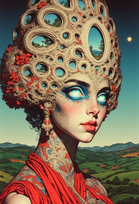 (ArsMJStyle, Colored pencil hyperdetailed realism, By Donna Young) A surreal close-up of a woman depicted as the goddess of woven realms, blending the dreamlike surrealism of Salvador Dalí with the intricate, decorative artistry of William Morris. Her head is adorned with an enormous crown resembling an endless, interwoven tapestry, its threads shifting in color and texture as if alive. Each thread reveals miniature vignettes of mythical creatures and surreal landscapes, blending seamlessly into the endless patterns. Her eyes are replaced with shimmering mirrors reflecting the infinite designs of the crown, evoking an otherworldly presence. Her gown flows like liquid fabric, covered in shifting, kaleidoscopic floral patterns that blend Gothic arches with surreal, melting forms. The background features a surreal landscape of endless rolling hills made entirely of colorful woven fabrics, with floating looms creating the scene in real-time. Soft, ethereal lighting enhances the surreal textures, casting radiant glows on the intricate threads and folds. Rendered in 8K ultra-HD, the mesmerizing interplay of surrealism and intricate medieval-inspired patterns is flawlessly captured.