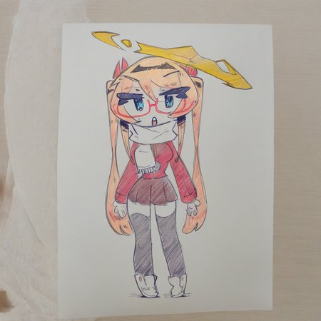 StyleBirdBlitz,(absurdres),  (traditional media, photo \(medium\), pencil \(medium\), on paper, limited palette:1.1), sketch, [chibi],
1girl, solo, long_hair, breasts, blush, looking_at_viewer, facing towards viewer, standing, open_mouth, :o, (jitome), blue_eyes, blonde_hair, eyebrows_visible_through_hair, black thighhighs, red jacket, white scarf, long_sleeves, original, twintails, hair_between_eyes, very_long_hair, standing, pink_hair, glasses, shoes, pigeon toed, mini skirt, white_footwear, large halo, red-framed_eyewear
white background, simple background