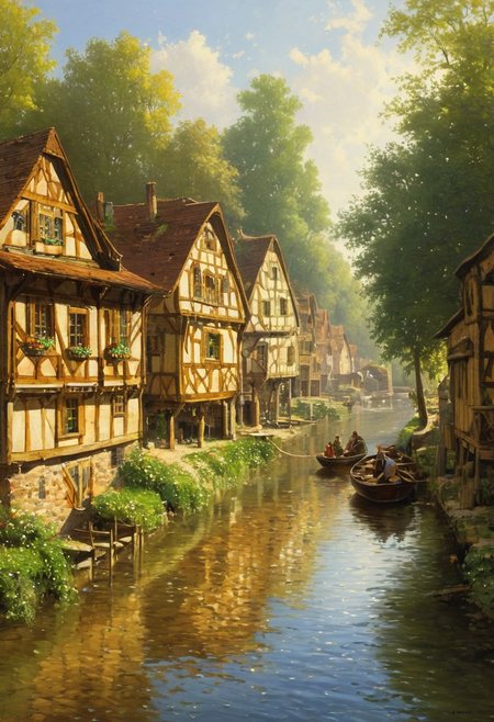 <lora:Stalenh4g:0.7> In the style of Carl Spitzweg and Ferdinand Knab, oil painting, idyllic, bright daylight,  timber framed houses along a river, the glittering water catching the bright daylight, a breathtaking light atmosphere, small wooden boats, detailed, masterpiece. ultra details, high quality, high resolution, highly detailed, super resolution, extremely detailed