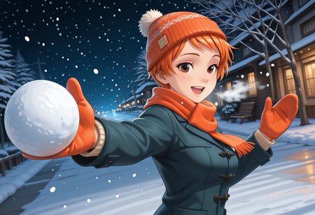 Graphic Design, color art, vibrant colors, colorful, intricate details, high contrast, detailed background, beautiful detailed, beautiful face, detailed eyes, detailed face, new, 1girl, solo, l3r4, short hair, orange hair, brown eyes, medium breasts, winter, snow, winter clothes, looking at viewer, dynamic pose, perspective, night, street, dark, throwing snowball, steamy breath, snowing, snow flakes, open mouth, happy, smile, scarf, mittens, beanie, dutch angle, from side, (masterpiece, best quality, newest, recent, absurdres),