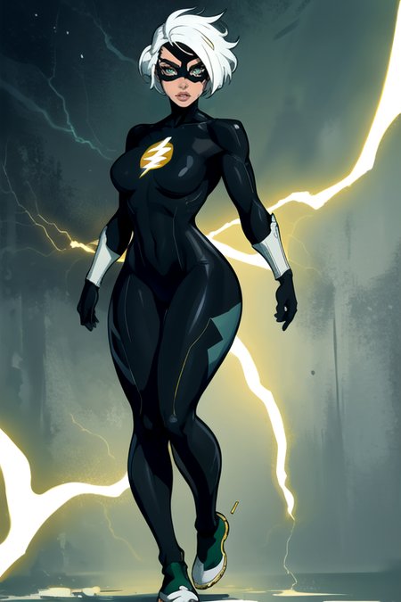 masterpiece,best quality,extreme detail,8k,image sharpness,<lora:flash-20:0.6>,flashwoman,1girl,solo,breasts,looking at viewer,white hair,gloves,lips,((black bodysuit)),mask,animification,full body,standing pose,(curvy),electricity,cut hair,green eyes,