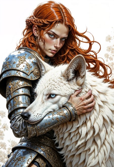 Face close up, gorgeous perfect eyes, highly detailed eyes, glossy lips. Highly detailed and stylized fantasy illustration featuring a young woman with long, wavy red hair intricately braided, wearing ornate, silver and bronze medieval armor with elaborate engravings. Her skin is fair, and her expression is serene as she embraces a large, white wolf with striking blue eyes. The wolf's fur is textured and realistic, complementing the intricate details of the woman's armor. The background is a soft, muted white, emphasizing the subjects. The overall composition conveys a sense of companionship and strength, with a focus on the bond between the woman and the wolf. The image is rich in texture and detail, showcasing a harmonious blend of fantasy elements and realistic features. (maximum ultra high definition image quality and rendering:3), maximum image detail, maximum realistic render, (((ultra realist style))), realist side lighting, , 8K high definition, realist soft lighting, (amazing special effect:3.5) <lora:FluxMythV2:0.6> <lora:ck-painterly-fantasy:0.6> <lora:flux.1_lora_flyway_Epic-detail_v2:0.5> <lora:RetroAnimeFluxV1:0.6>