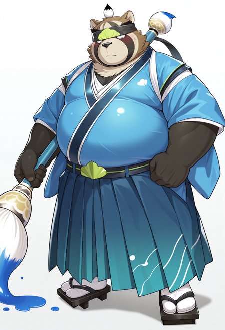 masterpiece, best quality, amazing quality, solo, 1boy, ShoenLAH, blue kimono, hakama, headband, paintbrush