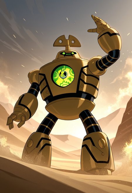 masterpiece, best quality, amazing quality, very aesthetic, absurdres, newest, 
 clockwork, robot, solo, no humans, green eyes,
power pose, one arm raised to side, bent arm, sand storm, desert, golden sand, glowing dust, gold dust,