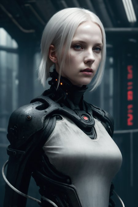 dark colors,RAW photo,realistic,detailed,8k uhd, dslr,sharp,volumetrics dtx, highly detailed,soft lighting,futuristic,cibo (level9), beautiful woman, short white hair,portrait, detailed face, pale skin, tubes, concrete, mega structures,decrepit scenery, <lora:blamev2:0.7>