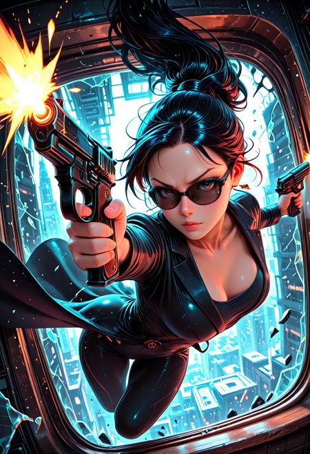 Smooth Quality, pinkneoncybercore, (chromatic aberration:1.2),  (impressionism:1.1), dynamic composition, high contrast, 1girl, suit, black sunglasses, long coat, breasts, solo, dual wielding, guns, firing, aiming at viewer, midair, gymnastics, dynamic pose, face focus, looking at viewer, v-shaped eyebrows, fighting stance, motion lines, (soft lighting:1.1), falling, indoors, glass, broken glass, floating glass shards,jumping through window, dramatric entry, cinematic angle, dynamic angle, <lora:PinkieNeonCybercoreIL:0.5> <lora:Smooth_Booster:0.5> <lora:Smooth_Lighting_Enhancer:0.2> <lora:All_Disney_Princess_-_Illustrious:0.2>​​​