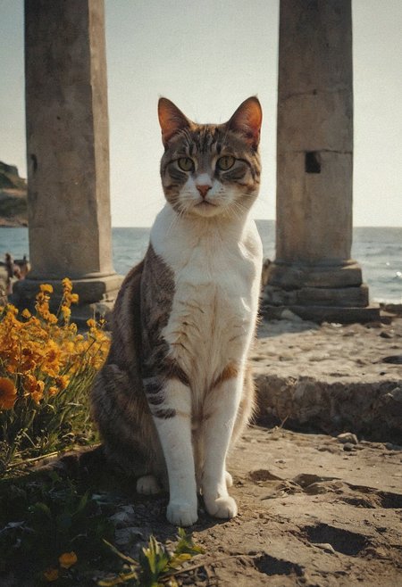 (Soft Lighting Photography by Mimoza Veliu and Mario Giacomelli:1.2), award-winning photography, photo of a cat besides a destroyed badly damaged Colossus of Rhodes in a beautiful beach, Cats running around:1.5, (broken status, spare parts scattered nearby.) Grass and flowers grow around it. Sunny summer day. ocean. Calm and beautiful. Detailed art, many details, cute, adorable, fairytale, storybook detailed illustration, cinematic, ultra highly detailed, beautiful details, vibrant colors, complex background, fine art, best quality, hyper detailed, professional poster art, bold lines, award winning, trending on ArtStation , (intricate details, masterpiece, best quality:1.4), aesthetic and beauty, astounding details, high depth of field, f/4, framing, breakthrough, collodion process, soft particles, ageless atmosphere, (maroon and marigold colors:0.1),dark, chiaroscuro, low-key,  <lora:TWbabeXL01:0.4>