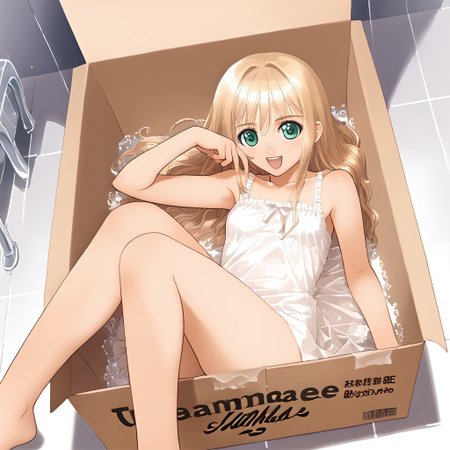 <lora:pony_xl_hortensia:0.9>,hortensia,score_9,score_8_up,score_7_up,source_anime,best quality,detailed_draw,masterpiece,visual_novel,8k,1girl,slim_girl,young_girl,solo,very_long_hair,happy,white_sundress,long_skirt,barefoot,defined_fingers,defined_toes,toenails,looking_aside,bathroom,grey_floor,glass,good_hands, insidebox, in box, in container, cardboard box