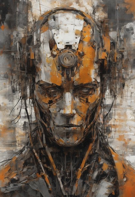 Grunge style  african  cyborg robot, rust and scratches, heavy patina, half of its face is obscured by damaged circuitry and exposed wiring hinting, despite its apparent malfunction the robot stands tall and proud testament to survival against all odds, atmospheric perspective, harsh light, style of Guweiz and Stephan Martiniere,, rating_safe,  <lora:YossiKotlerXLStyle:0.4> yktlr, painting, orange, black, white, large,
 <lora:sdxl_lightning_8step_lora:1.0> . Textured, distressed, vintage, edgy, punk rock vibe, dirty, noisy