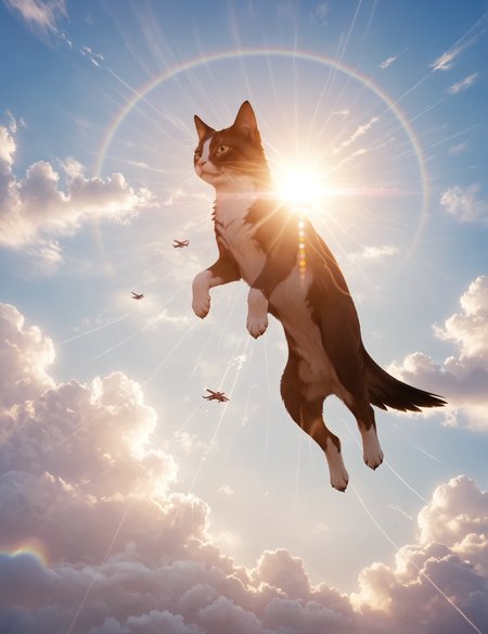 cloud art, cute animals made from clouds, fluffy kittens, cloud fur, playful puppies, soft lighting, pastel colors, whimsical, dreamy sky, detailed, high contrast, hyper-realistic, serene atmosphere, imaginative, gentle, warm sunlight, high-definition
 motion lines, air diving, BREAK
an eagle 
 <lora:polyhedron_lense_flares-000005:1> lense flare, lense flares, anamorphic lense flares, rainbow flares