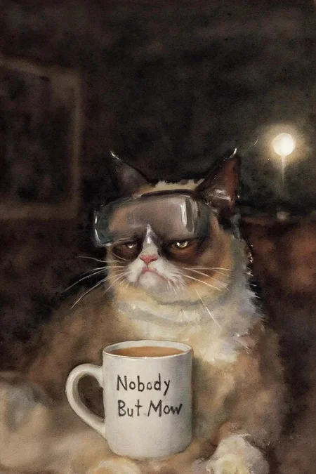 johnsingersargent3 painting. 
Grumpy Cat holding a coffee mug, wearing a VR Headset in a dimly lit room, illuminated by a single light source. The mug has the phrase "NobodyButMeow" printed.  <lora:johnsingersargent3_cap_d8a4e12:1.0><lora:859969041962421930:0>