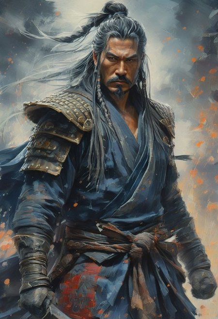 digital painting, 32k, 8K, high-resolution, 1man, mature Japanese man, samurai warrior, heavy armor, ((very intricate)), blue and white kimono with beautiful patern, shaded eyes that gaze, loose hair, belt, ((long braided hair)), blood stains, ((hood)), torn cape, muscular body, surrounded by skulls, muscular legs, walking towards viewer, dirty face, scar, flying ash, katanas, lines<lora:oneimage5:8:8:lbw=SDXL_OUTALL> indescribable,mysterious smoky fields on fire at the beginning of reality, dynamic pose.