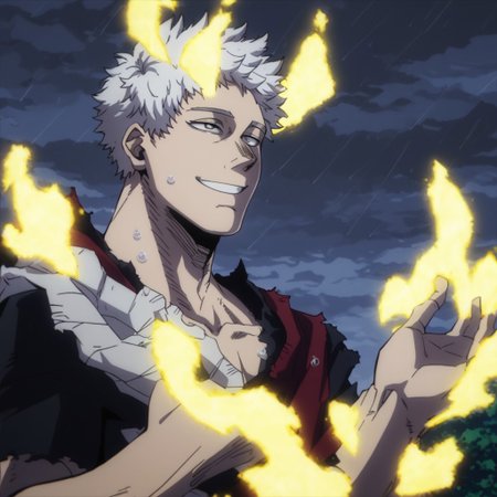 solo, torn clothes, anime, male, short white hair, floating, raining, dark clouds, wet, barefoot, pectorals, grey eyes, yellow glow, yellow aura, yellow fire on body, smile, smoothanime, easynegative, ng_deepnegative_v1_75t, score_9, score_8_up, score_7_up, score_6_up, score_5_up, score_4_up, source_anime,