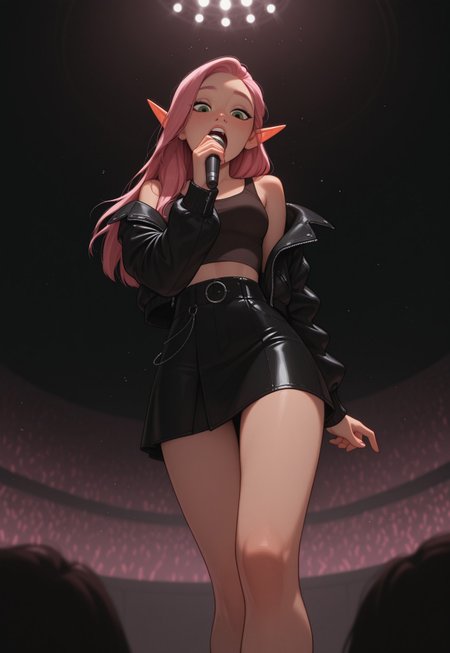 masterpiece, best quality, amazing quality, very aesthetic, DISNEY_ANIMATION, incoth, (incase:0.6), female, (depth of field), indoors, concert, tall stage platform, lightshow,

elf, pink hair, green eyes, cute face, slim, small breasts, long hair swept to one side, beautiful, kawaii, (short ears),

k-pop idol, tanktop, jacket, miniskirt, microphone, high stage,

standing, dynamic pose, singing, looking down at crowd, music notes, from below,