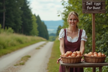 Landscape photography shot with a Gopro Hero
In closeup A beautiful austrian woman in her thirties is standing behind a stand, in front of her is a basket with brown eggs, she is wearing a dirndl, She is is standing in nature along a unpaved road.
A sign on the stands say: "Sell Eggs for Buzz!"