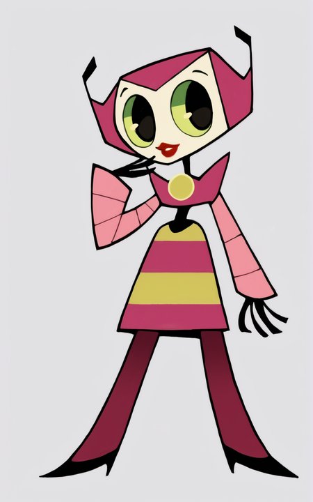 score_9, score_8_up, score_7_up,((best quality)), absurdres, full body, <lora:BolivanteStyle:0.8>,  <lora:VPXL-03:0.8>,VPXL, robot, pink hair, white skin, striped skirt, long sleeves, pink sleeves, skirt, black footwear, featureless feet, lipstick, green sclera, pink pantyhose, pantyhose,white background, makeup, black eyes