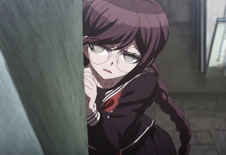 (((solo))), masterpiece, best quality, very aesthetic,  modern, modern anime,  newest, absurdres, highres, bird's eye view , remorseful expression  , (((solo))),danganronpa_(series),<lora:Toko_Fukawa_Illustrious:1>,  This anime screencap is from Danganronpa the Animation. Toko Fukawa sits in the school courtyard, peeking over the top of a massive dictionary she's hiding behind. Her eyes follow Byakuya as he walks past, while her hand automatically writes in her notebook without looking, the pages filling with lovestruck poetry.  Toko Fukawa wearing her uniform from Danganronpa 1. She has long dark purple hair in two braids, gray eyes and large round glasses. Her large, dark grey glasses are slightly crooked at an angle. Her uniform is a dark purple Japanese school uniform. The uniform has long sleeves, a collared shirt with a red ribbon and a long skirt with the school crest on the upper left sleeve.  A red ribbon is tied around the collar of her shirt.