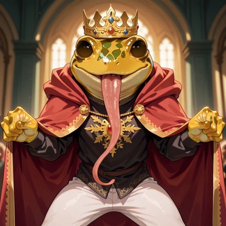 masterpiece, best quality, amazing quality, very aesthetic, solo,
grungrace, anthro frog,
1 boy, male focus, golden skin, red mantle, royal mantle, golden crown, long tongue, black shirt, white pants,
looking at the viewer, posing, 
blurred background, fantasy background,