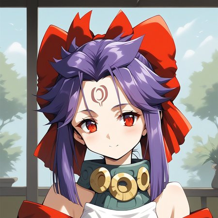 score_9, score_8_up, score_7_up, source_anime, rating_explicit, BREAK  <lora:kakurine_Ver2.1_XL:1> kakurine,  forehead mark, red eyes, purple hair, long hair, sidelocks, hair bow, red bow, collar, 
headshot.
tatami, Japanese room,