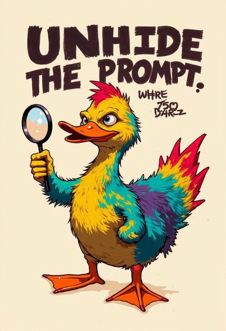 A cartoon duck, rainbow with orange beak and feet, is holding a magnifying glass and wearing monocle. 
The duck is positioned in the center-left of the image, holding a magnifying glass in its left hand and with a confident, slightly intimidating expression.
The text "UNHIDE THE PROMPT!" is written in bold, dark letters above and around the duck. The words "UNHIDE" are stacked vertically, while "THE PROMPT" is positioned below and slightly to the right of the main phrase. 
The background is a light beige or cream color.
<lora:FLUX-daubrez-DB4RZ-v2:1> DB4RZ, DB4RZ style painting