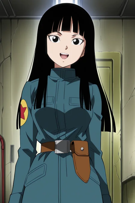 anime screencap, anime coloring, detailed face, masterpiece, best quality, very aesthetic, absurdres,  official style, amazing quality, ultra detailed,  highres, amazing quality, scenery, beautiful detailed hair, beautiful detailed eyes,
<lora:2-in-1_Mai_and_Trunks_Dragon_Ball_Super_-_Future_Trunks_Saga_appearances:1>
indoors,
Mai (character), 1girl, solo, black hair, black eyes, long hair, uniform, holster, belt, military uniform, military, looking at viewer, red star (symbol), blunt bangs, cowboy shot, confident smile, open mouth